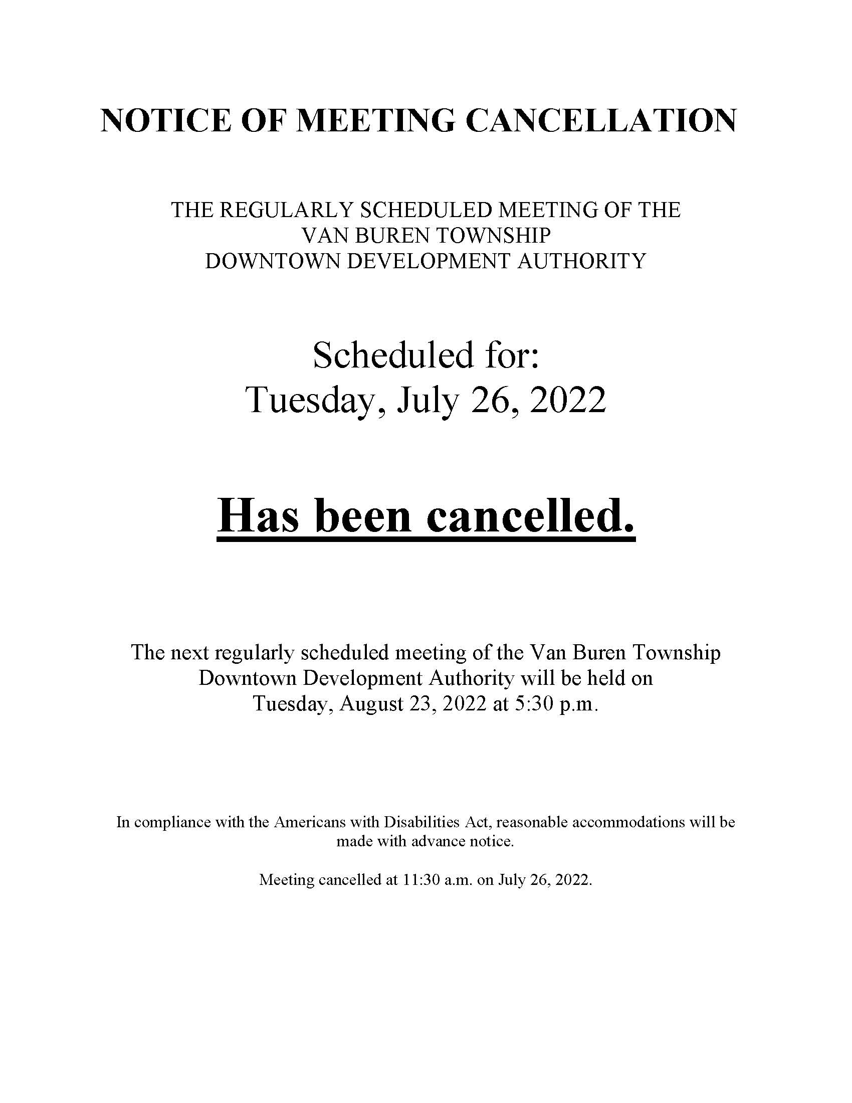 DDA July 26 2022 cancellation notice